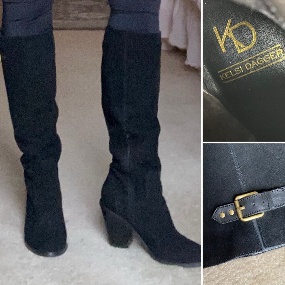 Kelsi Dagger Garnet Hill $225 Women's Black Suede Knee-High Boots 7 EUC